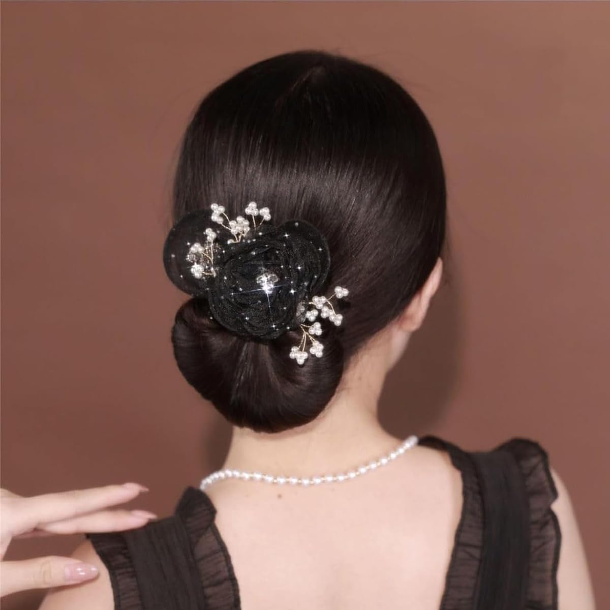 PALAY Hair Buns for Women for Elegant Chignon Styling with Floral Mesh and Pearl Details | Green