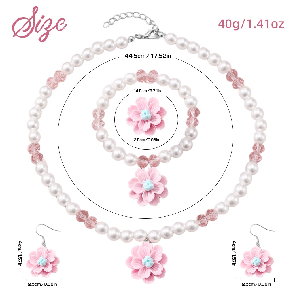 SNOWIE SOFT® Jewellery Set For Girls, Cute Flower Pearl Princess Kids Jewelry For Girls 4pcs Kids Jewelry Set Include Necklace Bracelet Earrings And Rings -Ideal Gift Set For Girls Birthdays & Parties