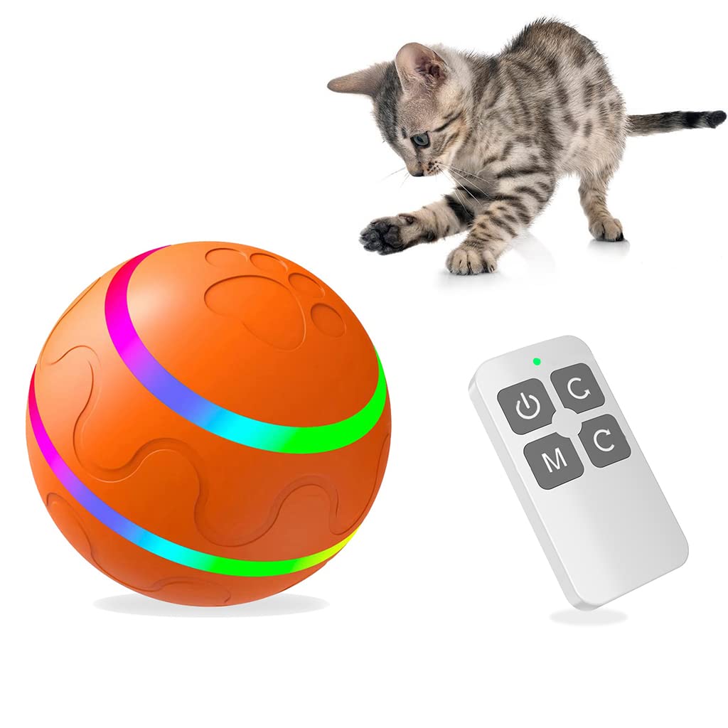 Qpets® 8CM Automatically Bidirectional Spinning Ball for Dog with Remote Control, Dog Toys Durable Ball Toy, Chasing Toy Waterproof Silicone Ball Toy with Color Light for Small Medium Dog Cat