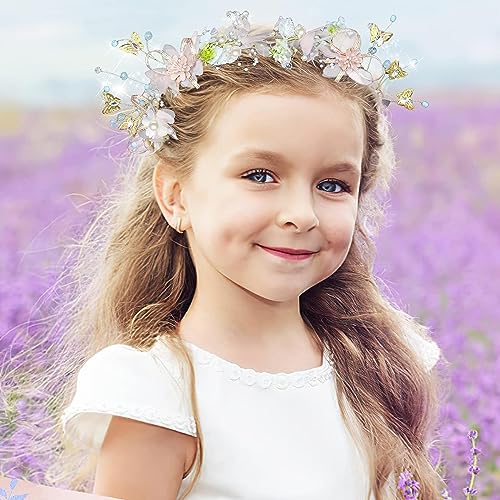 SANNIDHI® Flower Crown for Girls Princess Tiara for Girls Kids Wedding Bridal Floral Hair Band for Women Handmade Pearl Crown Headpiece Dress Up Hairband for Birthday Party First Communion Gift