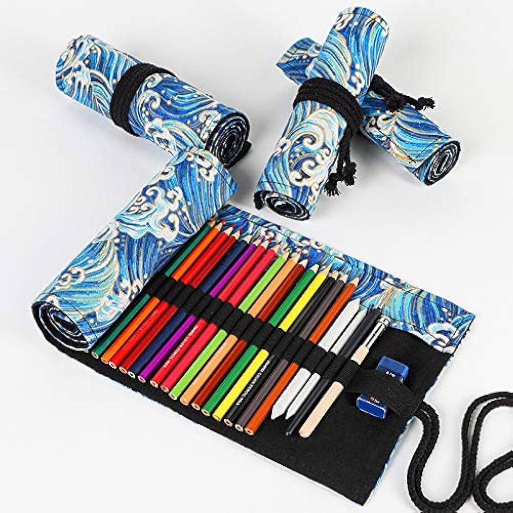 PATPAT® 72 Holes Canvas Pencil Wrap Case for Adults and Kids Colored Roll Up Pouch Package Sketching Drawing Writing Storage Constellation Goldust Ocean 2PCS