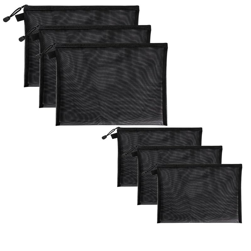 ZIBUYU® 6 Pack Mesh Cosmetic Bags, Nylon Makeup Pouches with Zipper for Home Office Purse Diaper Bag (Black)