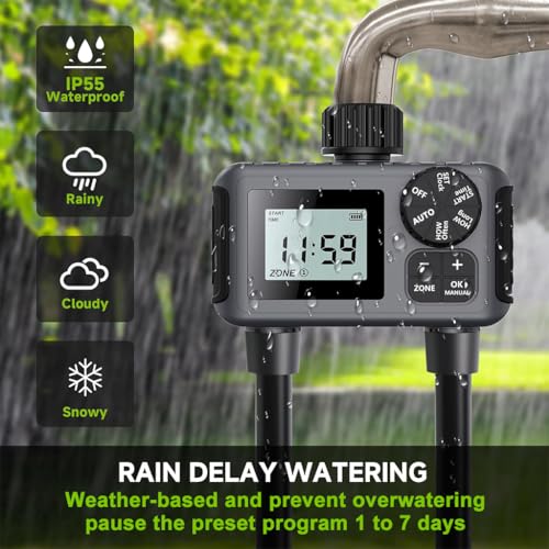 HASTHIP Smart Garden Watering Timer Programmable Hose Faucet Timer with 2-Outlet LCD Digital Watering Timer IP55 Waterproof Outdoor Watering Timer Universal Watering Timer