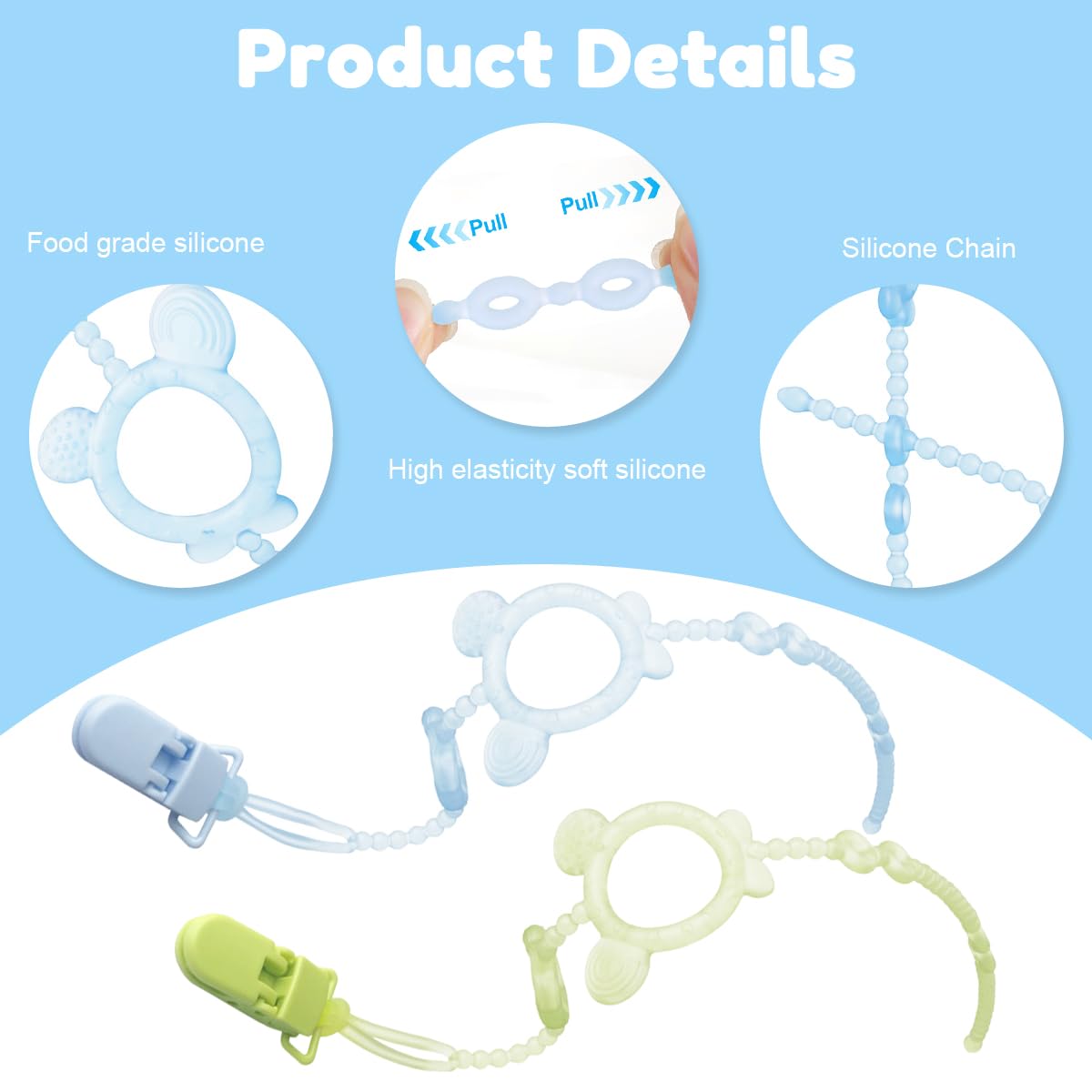 SNOWIE SOFT Pacifier Chain Set for Newborns with Clip Holder and Silicone Storage Case