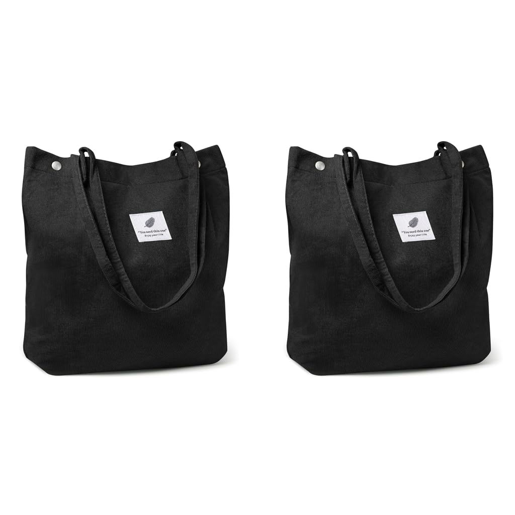 PALAY Tote Bag for Women featuring Reinforced Handles and Soft Corduroy Material Black 2PCS