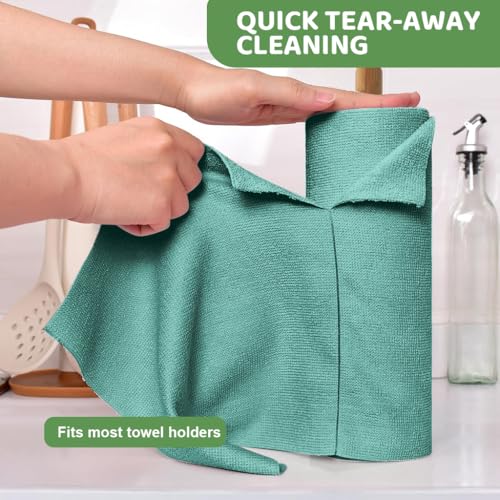 HASTHIP® 15-Count Large Microfiber Cleaning Cloth Kitchen Absorbent Cleaning Rags Reusable Washable Rags Traceless Pot Cleaning Rags Pre-Cut Tear Away Microfiber Kitchen Towels, 25x60cm, Green