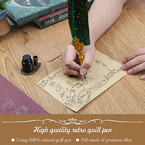 HASTHIP® Quill Pen and Ink Set Calligraphy Feather Pen with Wax Seal Stamp Includes Dip Ink 5 Replacement Nibs 3 Wax Sticks Nib Base White Spoon Green 3 PCS