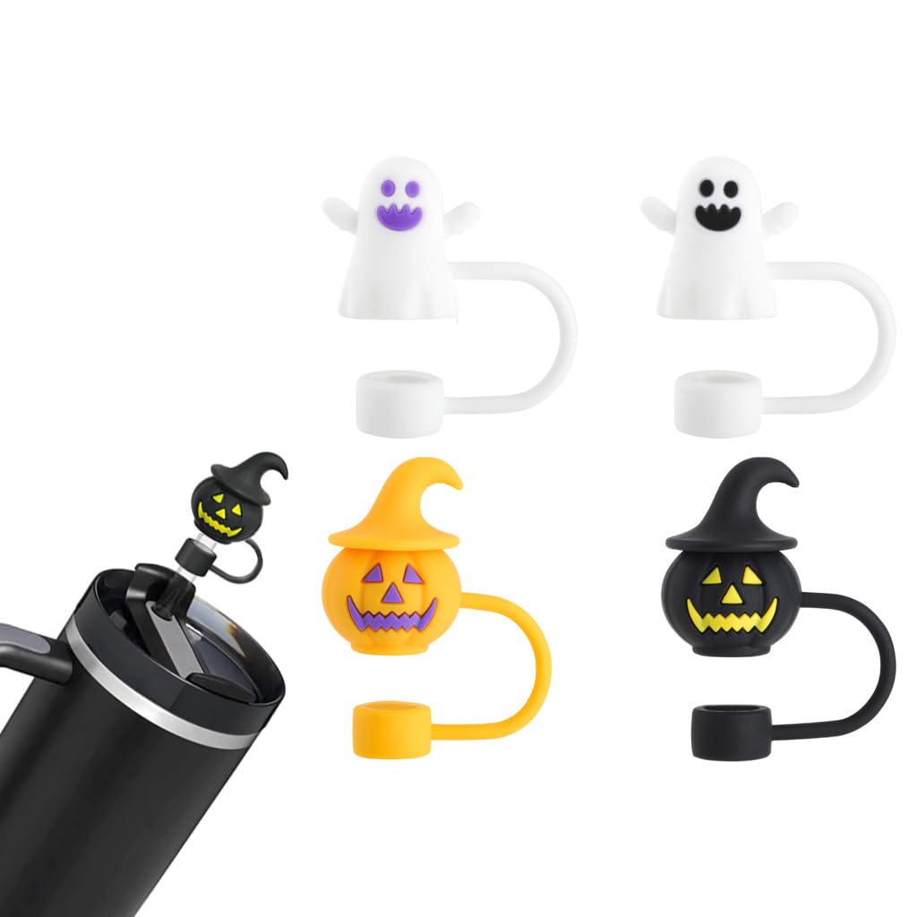 HASTHIP® 4Pcs Halloween-Themed Silicone Straw Caps Halloween Cute Pumpkin Ghost Design, 10mm Dia Straw Caps, Protective Dustproof Straw Tip Covers for Reuseable Straws