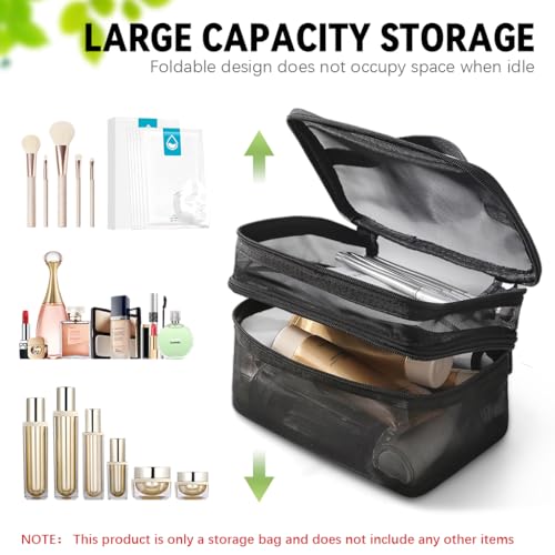 MAYCREATE® Makeup Pouch Bag Travel Organizer Large Mesh Toiletries Cosmetic Double Layer Nylon Brush with Handle 3 PCS