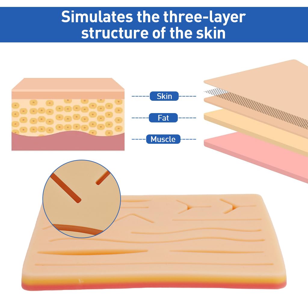 ZIBUYU® Silicone Suture Pad Multi-Layered Skin-Like Silicone Suturing Practice Pad with 13 Pre-Cut Incisions Reuseable Suture Pad for Suturing Skills, Medical and Vet Students Supplies, 17x12cm