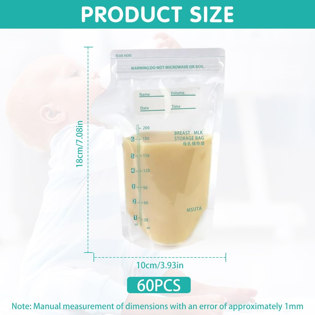 SNOWIE SOFT Breast Milk Storage Bags 60pcs 200ml with Dual Zip Lock and Scale Marking