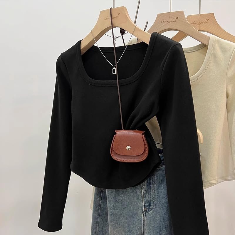 Venzina® Fashionable women's U-neck long-sleeved knitted cropped top, long-sleeved base T-shirt, made of German velvet fabric, warm, comfortable and breathable.-Black-XL