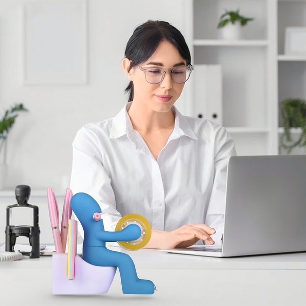 OFIFO Tape Dispenser for Office Desk with Pen and Sticky Notes Holder | Fun Blue Organizer Decor Gift