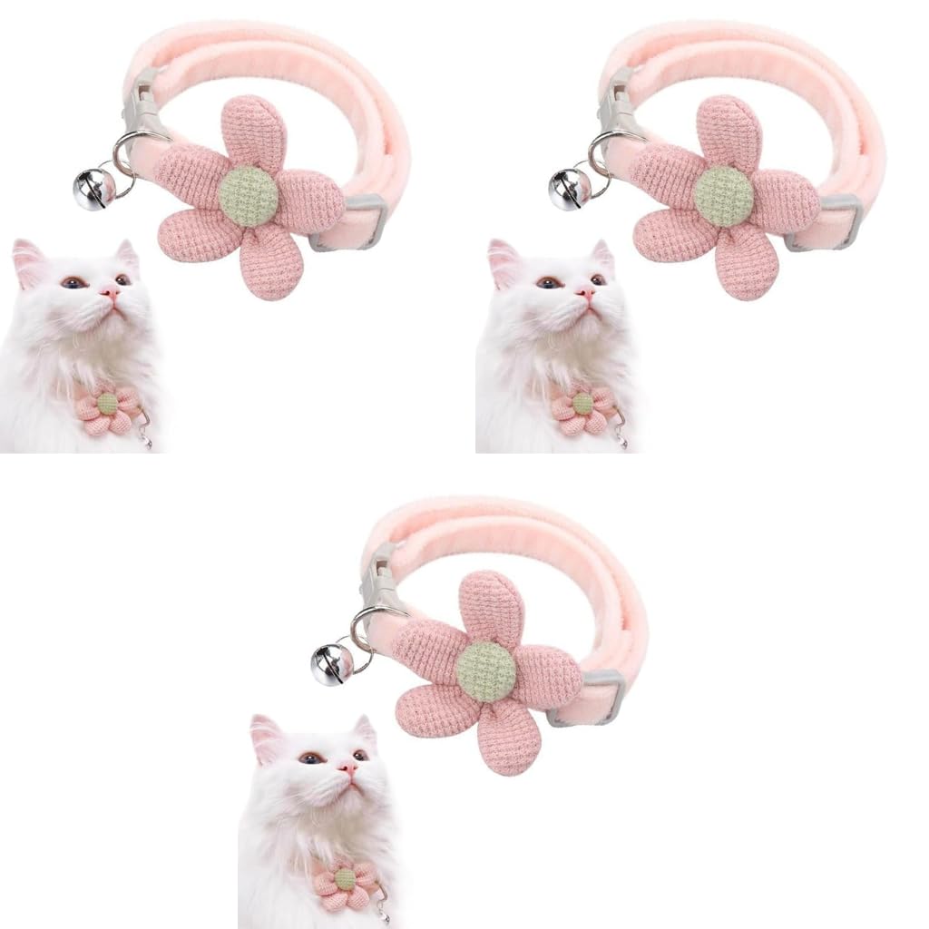 Qpets Cat Collar for Pets featuring Crochet Flower Ornament and Bell | Soft Pink 3PCS Set