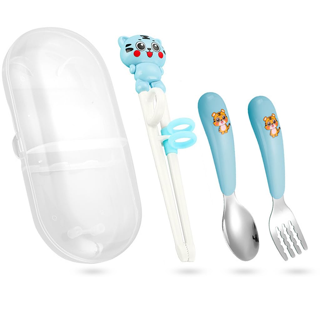 SNOWIE SOFT® Baby Spoon and Fork Set for Toddler Kids with Chopsticks & Case, 304 Stainless Steel with PP Cartoon Handle Utensils Set for Baby Feeding, Training Self Feeding, Safety and BPA Free