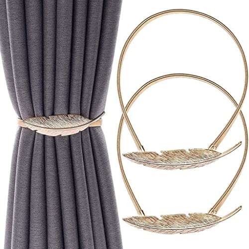 HASTHIP® 2Pcs Magnetic Curtain Tieback Creative Tieback Elastic Alloy Strap Boutique Feather Closure Tieback for Window Curtain, Grommet Window Drape in Living Room, Bed Room, Home, Office