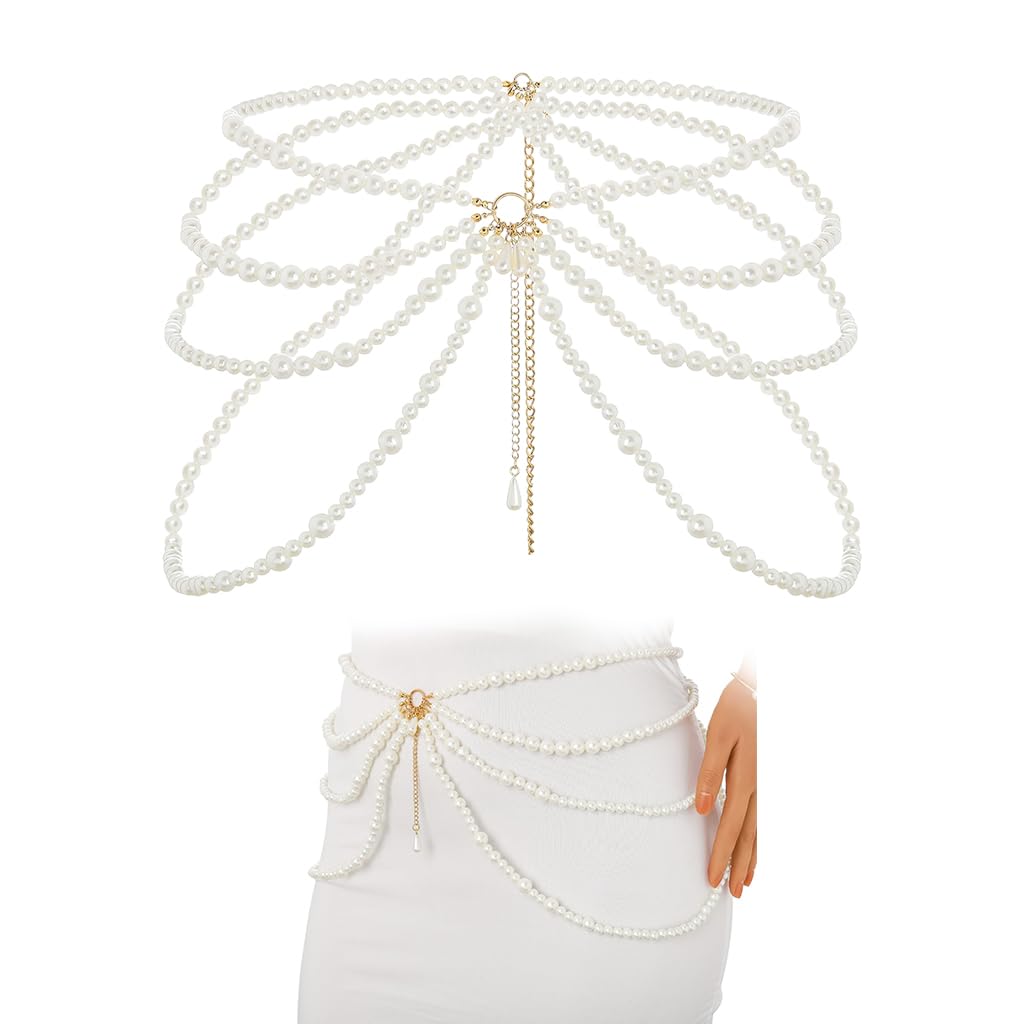 SANNIDHI Pearl Waist Chain for Women featuring Multi Layer Beaded Design and 9.8 in Extension | Elegant Accessory for Dresses and Beachwear