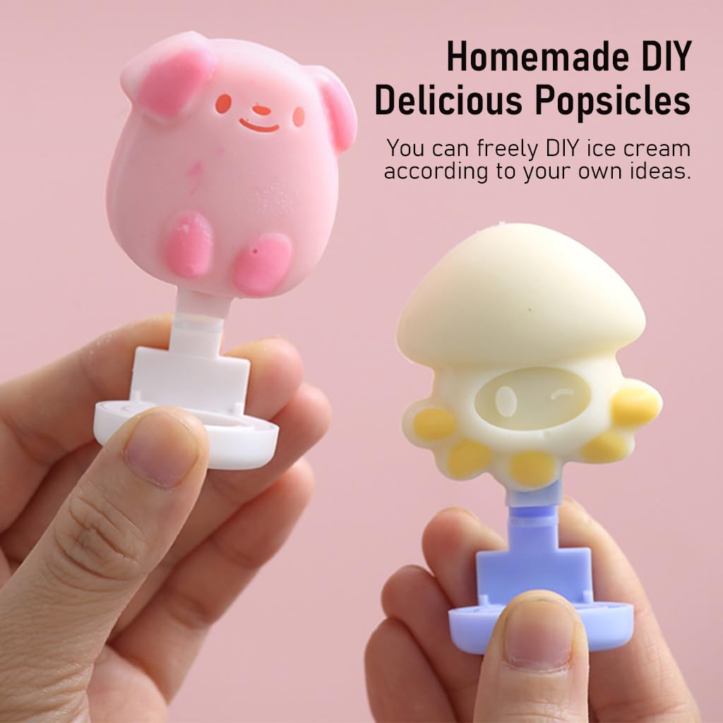 HASTHIP Ice Cream Mould for Freezer with 6 Cartoon Shapes and Lid | BPA-Free Silicone for Kids