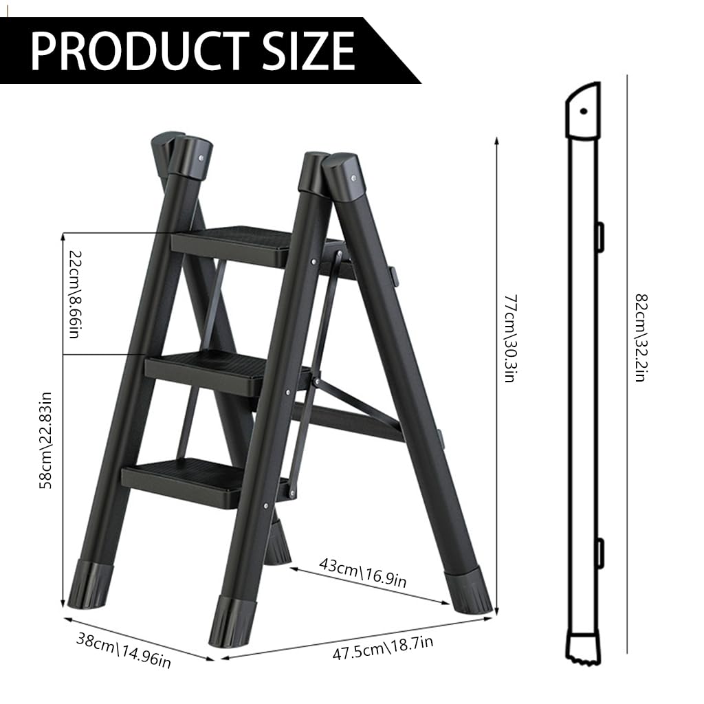 HASTHIP® 3 Step Ladder Carbon Steel Foldable Ladder 330lbs Load Capacity 3 Step Ladder for Home, Step Ladder for Home Use, Folding Step Stool with Anti-Slip Pedal, Plant Pot Ladder Holder