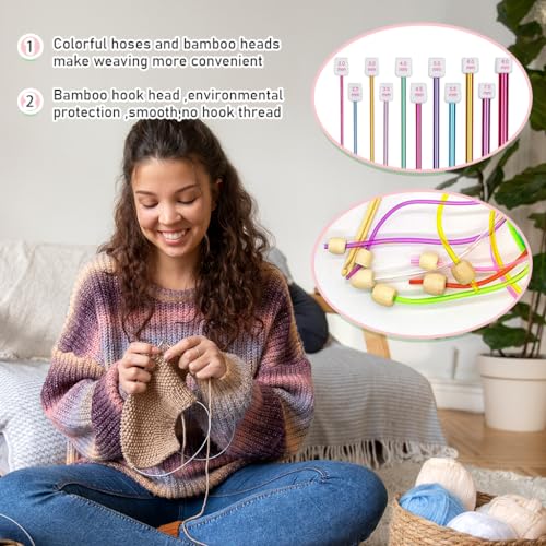 HASTHIP® 23Pcs Tunisian Crochet Hook Set, 11Pcs Afghan Long Crochet Hooks 2-8 mm & 12Pcs 3-10mm Carbonized Bamboo Afghan Crochet Needles with Cable, Colorful Afghan Crochet Hooks for Beginners