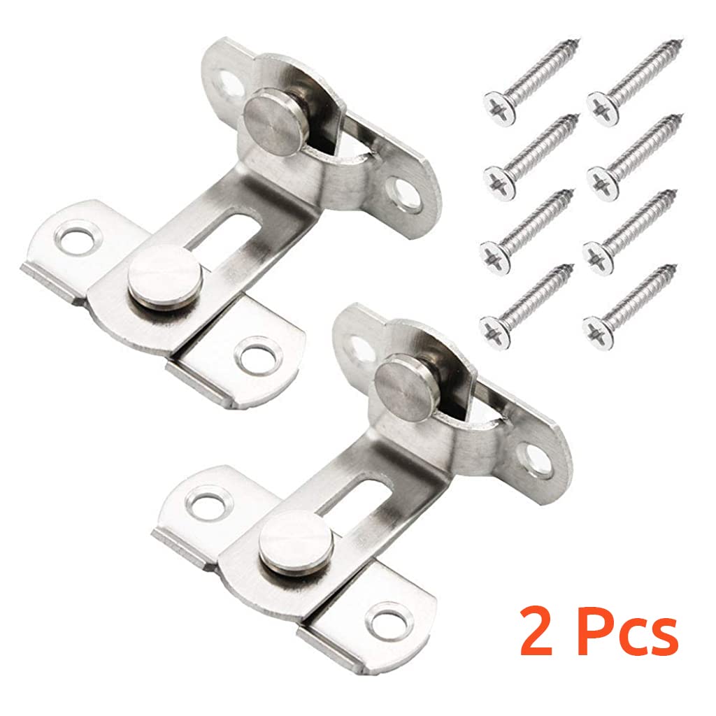 HASTHIP® 2 Pcs Cupboard Lock Stainless Steel 90° Door Buckle Bolt Barn Door Lock Right Angle Latches Bar Latch Safety Door Lock for Door, Fence, Cabinet, Chicken Coop, 2.4 inch