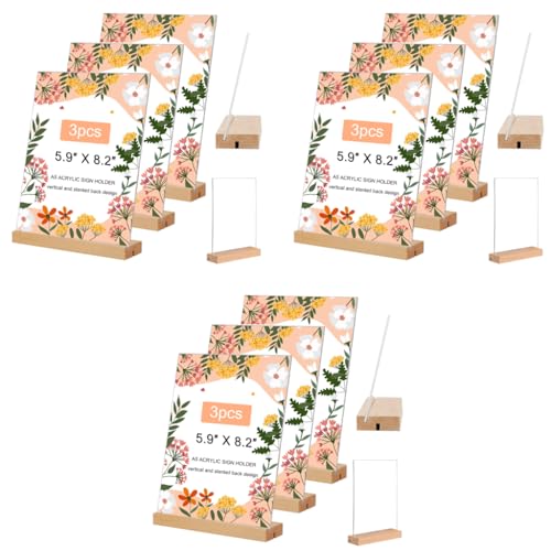 Climberty® 9PCS Sign Holder with Reversable Wooden Base A5 Clear Acrylic Display Stand for Tilted Vertical Displaying Holders Reception Bar Restaurant