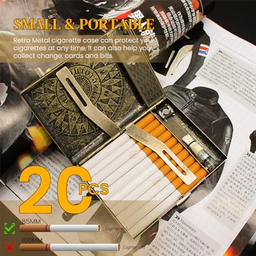 GUSTAVE® Retro Metal Cigarette Case for Men USB Rechargeable Flameless Coil Lighter fits up to 40PCS Regular Cigarettes 85mm Gift Compass