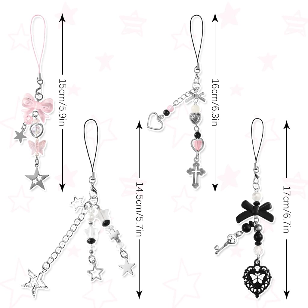 ZORBES Phone Charms 4 Pcs for Girls with Y2K Bows and Hearts | Bag and Keychain Accessories
