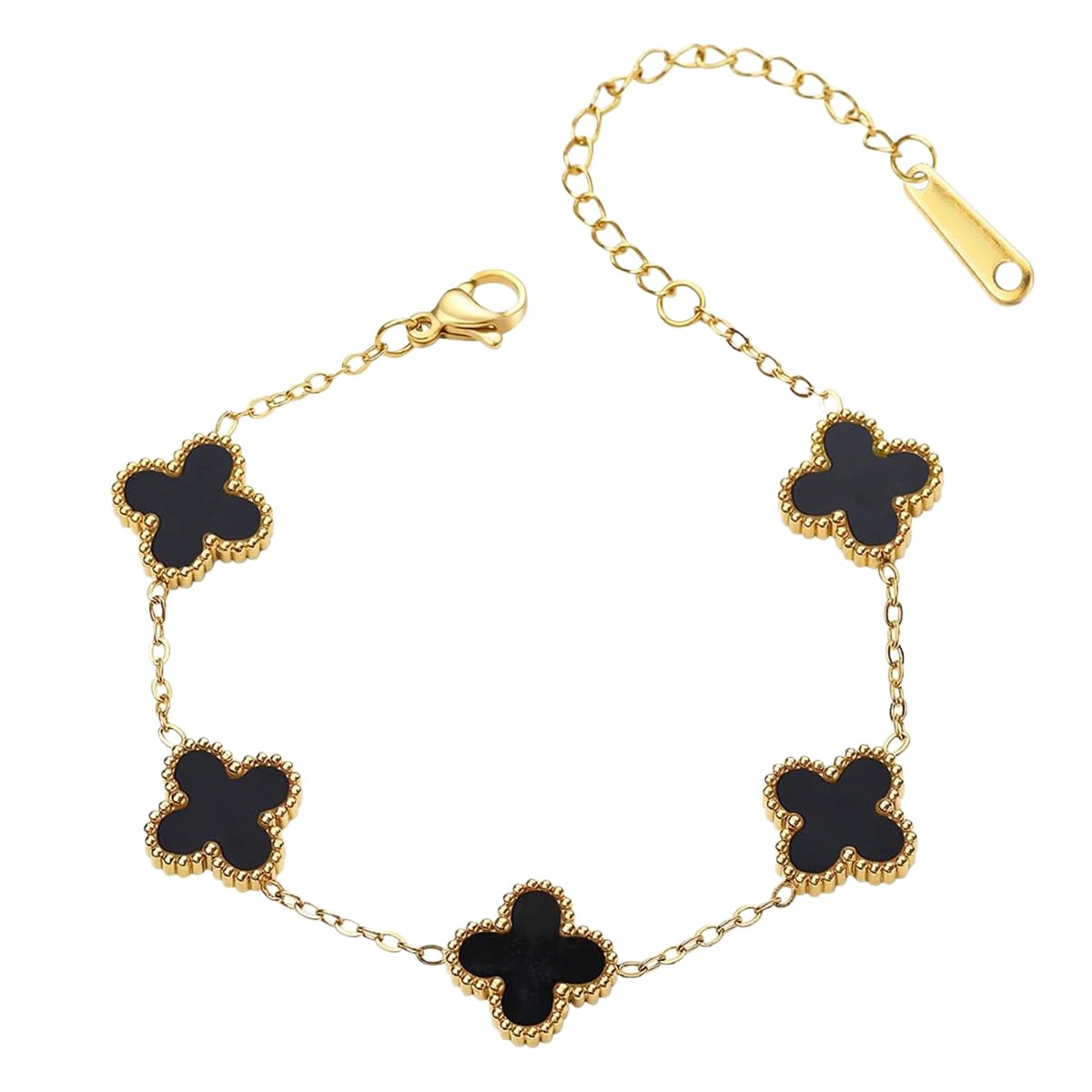 ZIBUYU Four Leaf Clover Bracelet 18K Gold Plated Stainless Steel Lucky Charm Bracelet for Women with Adjustable Chain, Black Clover Link Design, Ideal Gift for Girlfriend, Mother, Daughter, 6.41
