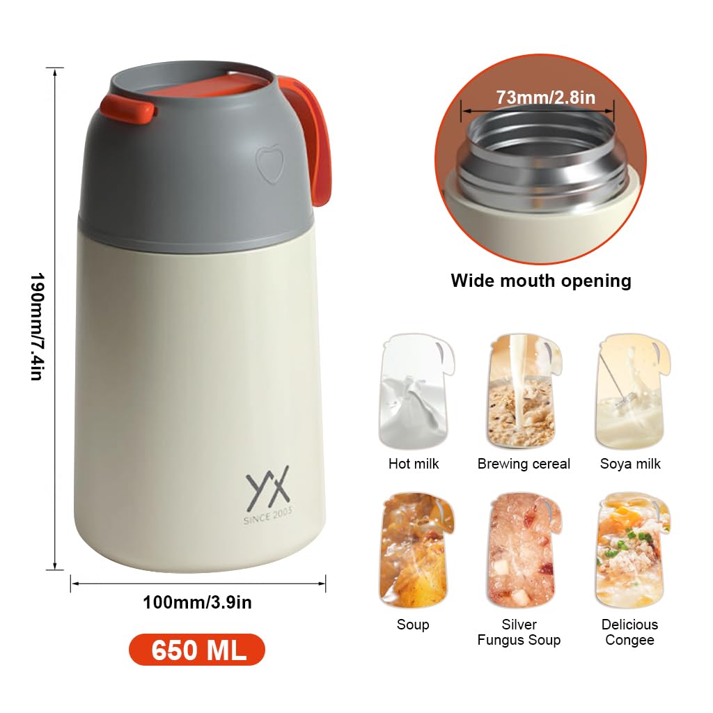 Supvox® Thermos Insulated Food Jars, Food Soup Flask Lunch Box for Hot & Cold Food, 650ml Double Wall Vacuum Stainless Steel Thermal Flask Portable Thermal Lunch Container with Spoon