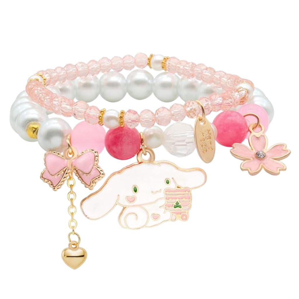 Venzina® Pearl Crystal Bracelet for Girls Kids, Cute Cinnamoroll Crystal Bead Bracelet for Kids Girls, 2-Layer Cartoon Elastic Bracelet Jewelry for Girls Children's Day Gift