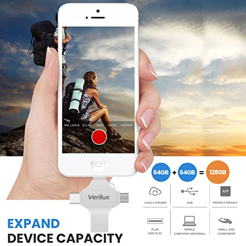 Verilux® Flash Drive 64GB 4 in 1 Pendrive with Light-ning Micro USB USB A Type-C Interface Mini Hangable Pen for iOS Android Compatible with Phone Pad PC and More Devices 3 PCS