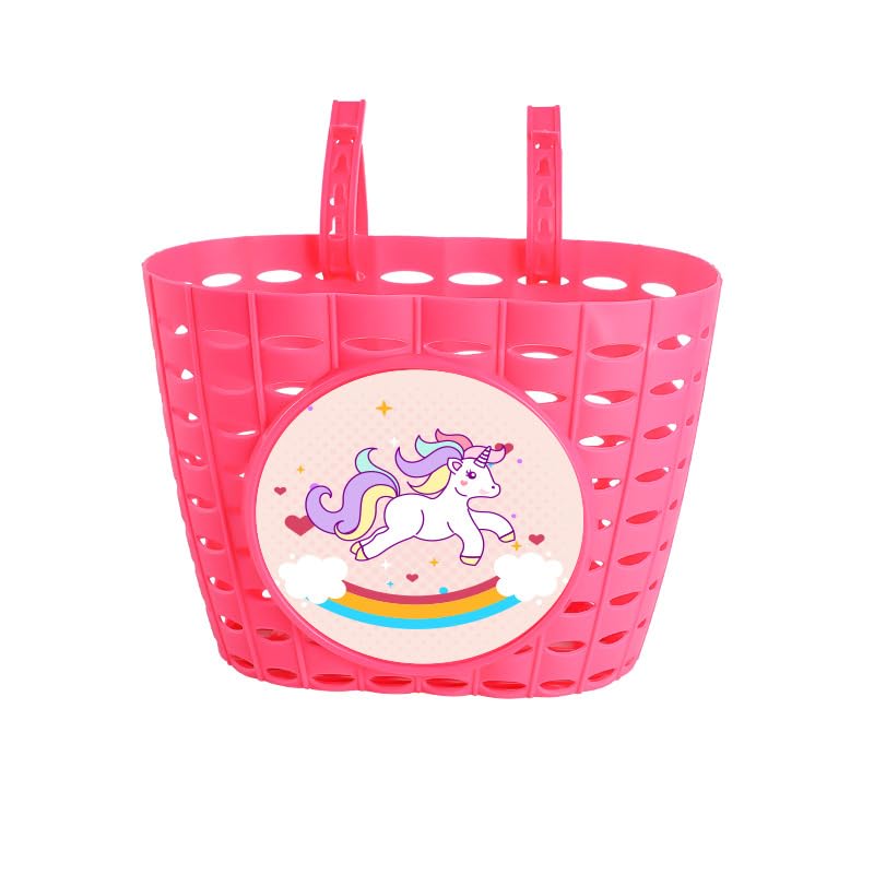 Proberos® Girls Bike Basket Kids Plastic Bicycle Front Basket Cute Pink Unicorn Adjustable Fastening Strap Design Universal Basket for Kids Bicycle, Scooter, Tricycles, 20x13x15cm