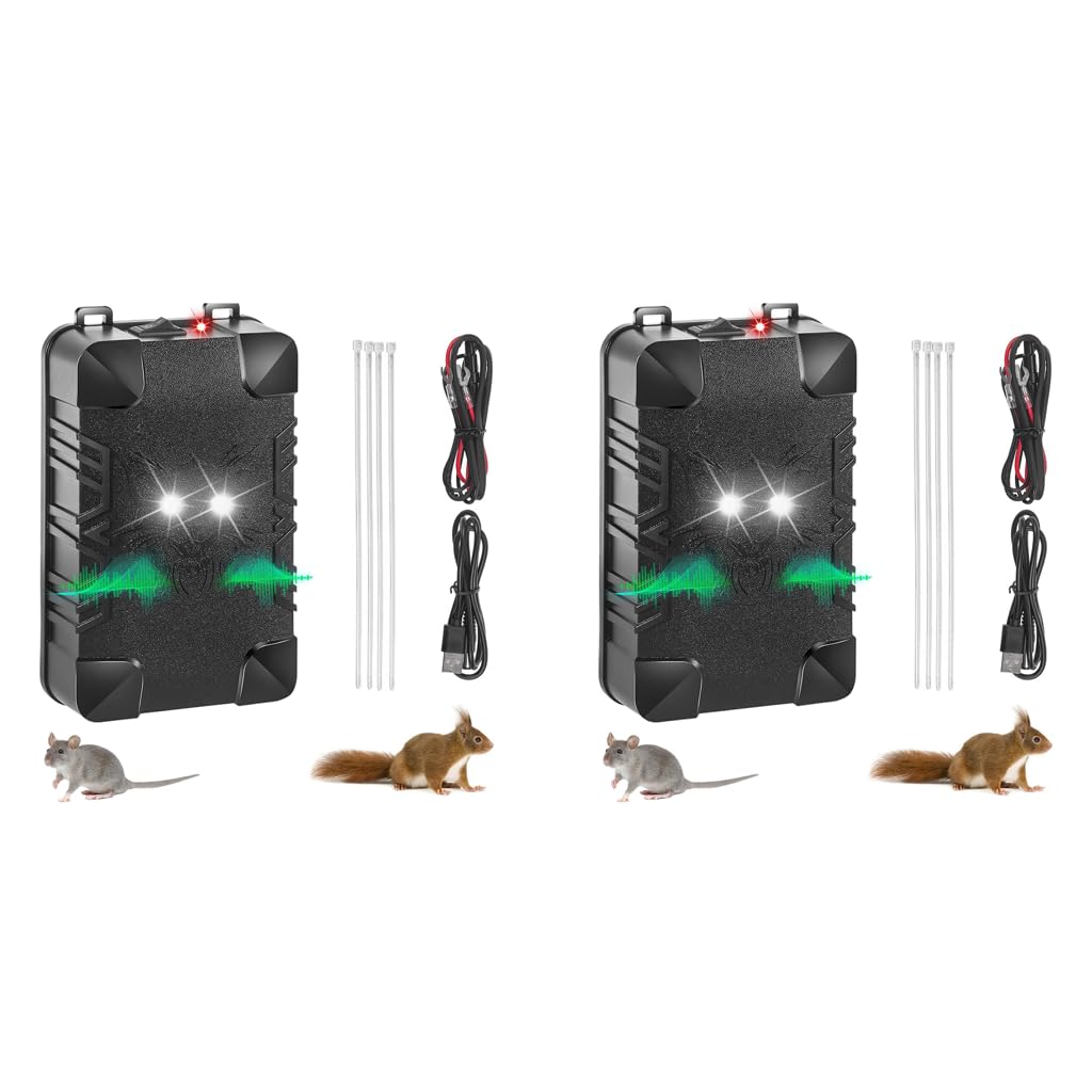 HASTHIP® Car Mouse Repeller Device for Hood Home Use Ultra Sonic Repellent with Sound Flash Alarm Motion Sensor Animal Multipurpose 2PCS