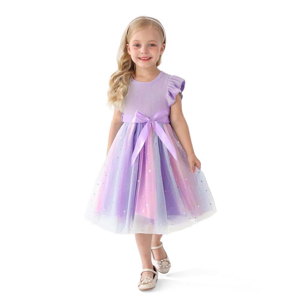 SANNIDHI Girls Lace Frock for Birthday and Party featuring Rainbow Tulle Skirt | Purple 4-5Y