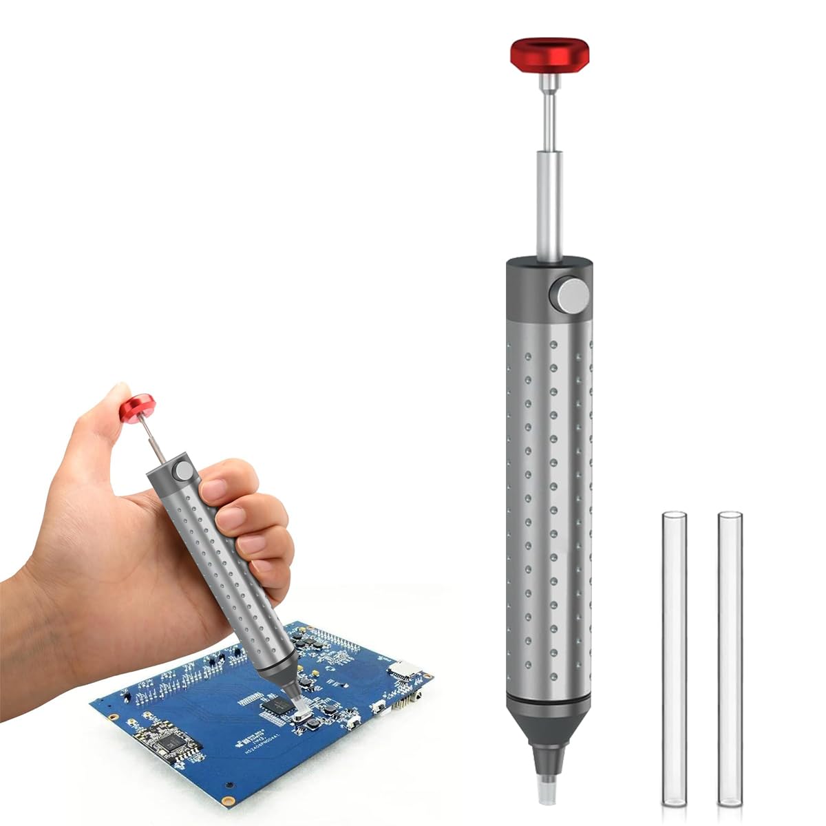 Serplex® Solder Sucker Tool with 2Pcs Cuttable Silicone Nozzle Tubes Aluminum Alloy Solder Sucker Sold Removal Tool Manual Vacuum Suction Heat-Resistant Silicone Nozzle Soldering Iron Supplies