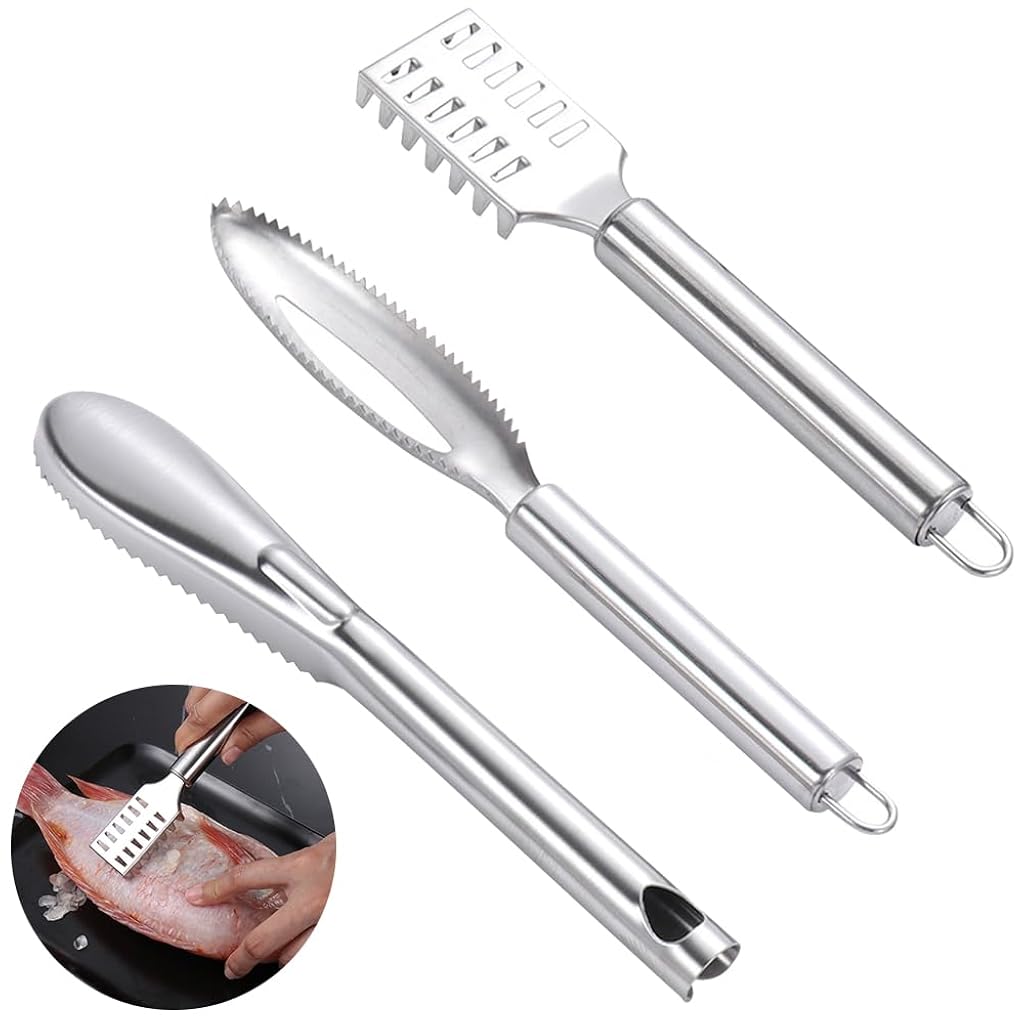 HASTHIP® 3 PCS 304 Stainless Steel Fish Scaler Remover,Fish Descaler Tool,Ergonomic Handle Design