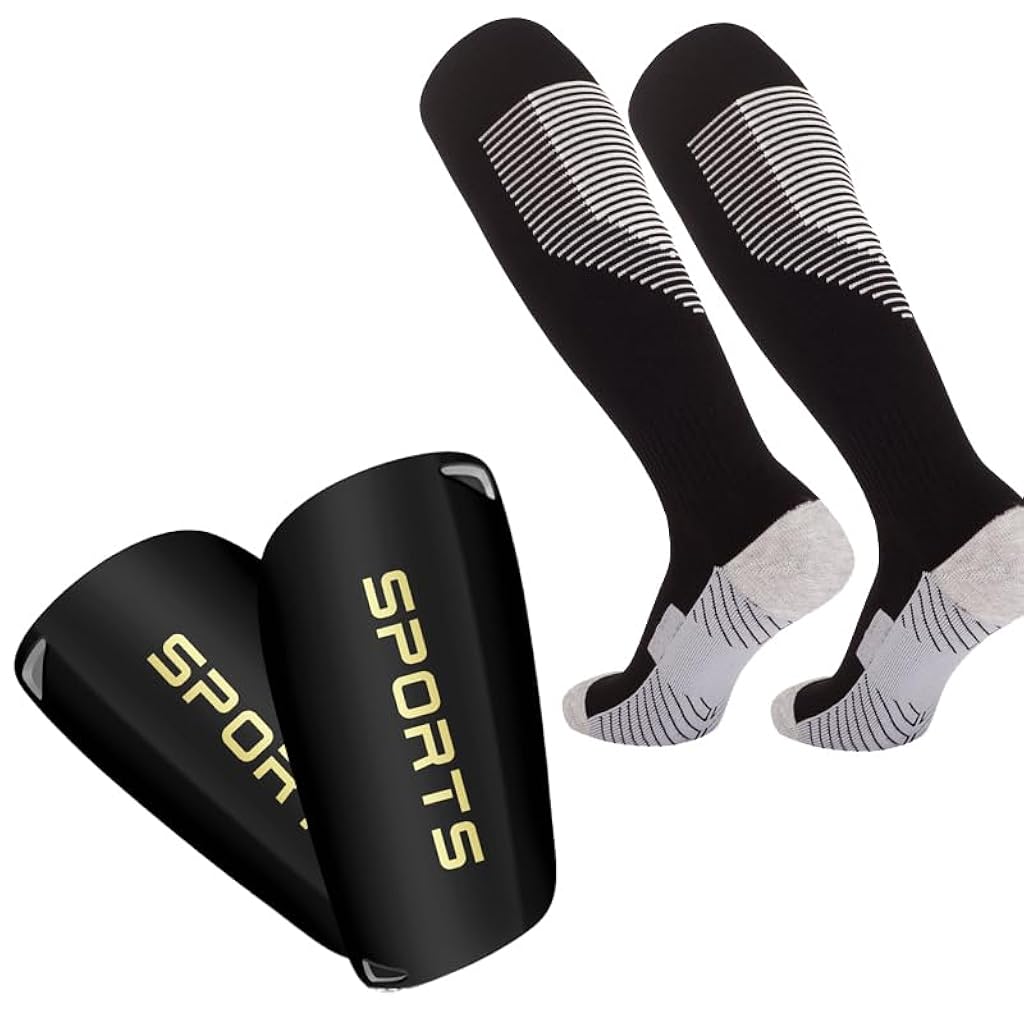 Proberos® Football Shin Guards & Sock Set for Kids, 13.5 Inches Knee High Compression Sport Socks Girls 10-15 Years Old Sweat Absorption Elastic Long Soccer, Football, Black-Black-L