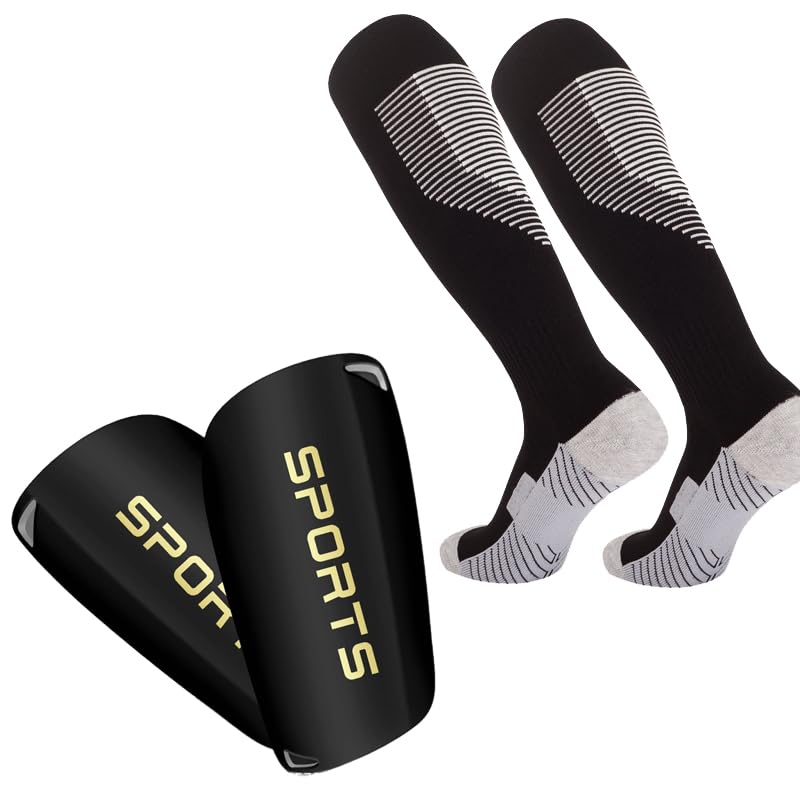 Proberos Football Shin Guards and Sock Set for Kids with 13.5 in Knee High Socks | Black