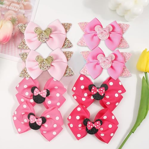 PALAY® 8Pcs Hair Bow Clips Mickey Mouse Hair Bows for Kids Girls in Pairs 4'' Cute Glitter Bow Hair Clips for Girls Kids Fashion Pink Dot Hair Accessories for Girls Gift Party Costume Decor