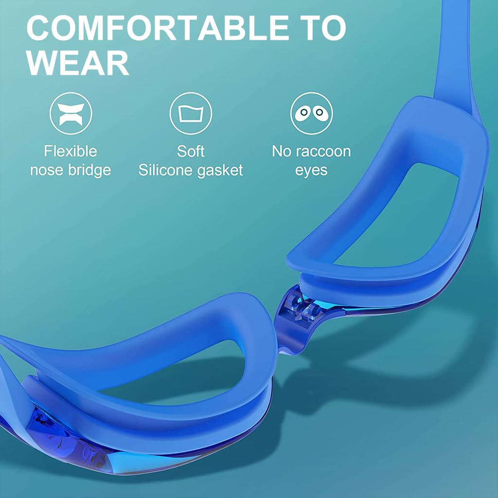 Optifit® Swimming Goggles, Swim Goggles attached Ear Plugs for Adult Men Women And Kids 8+, No Leaking, Anti Fog, UV Protection, Easy to Adjust Push-Button Straps, Free Storage Case (Blue)