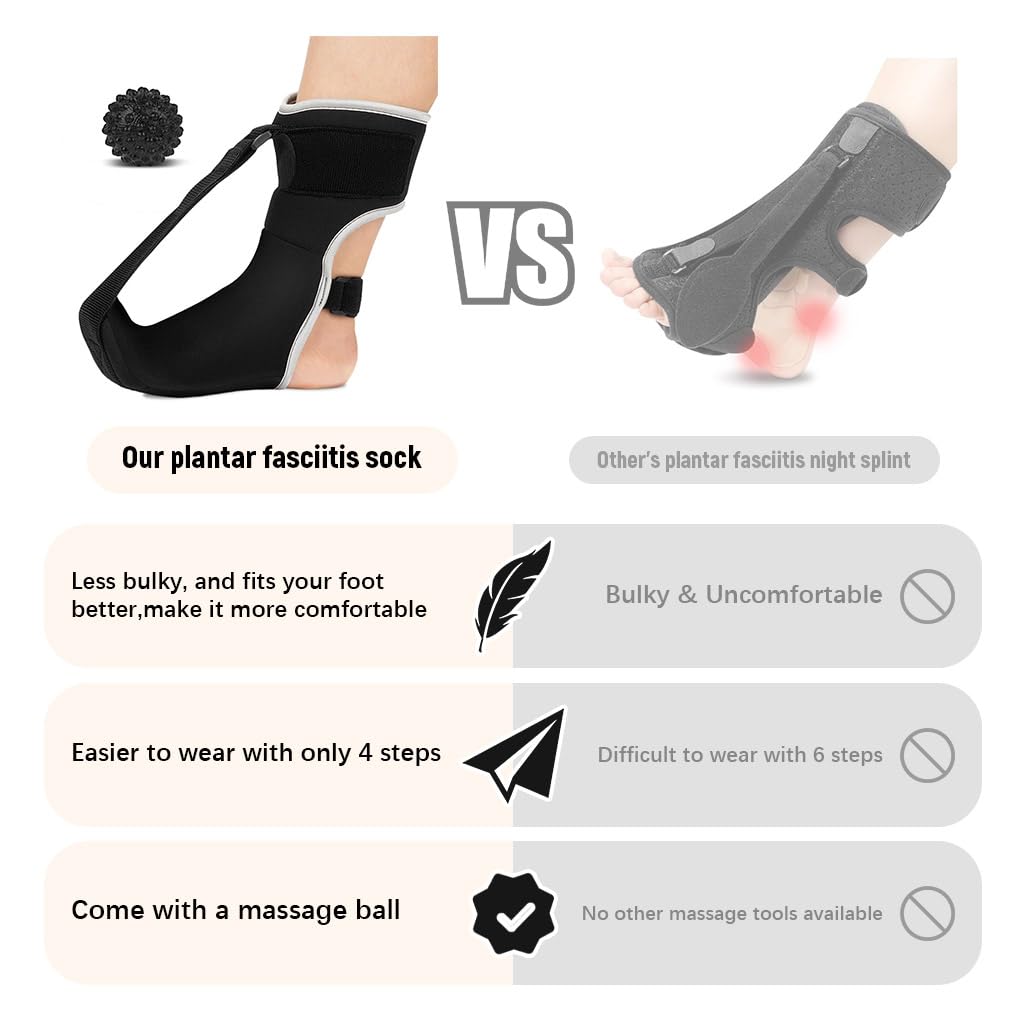 HANNEA Plantar Fasciitis Night Splint Sock for Foot Drop and Heel Pain Relief | with Adjustable Straps and Massage Ball