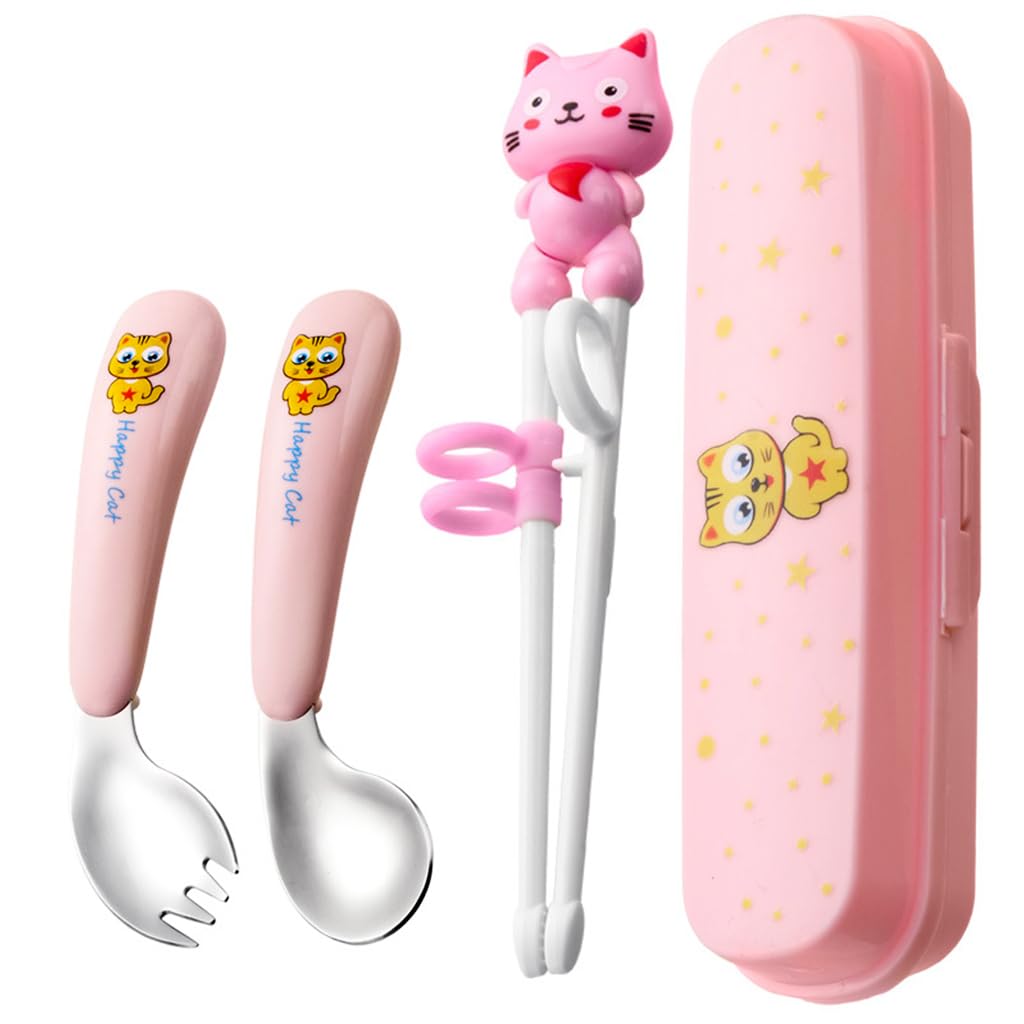 SNOWIE SOFT® Training Chopsticks for Kids, Stainless Steel Fork and Baby Feeding Spoons for 6 to 12 Months, Chopsticks for Beginners Weaning Spoons Toddler Flatware Sets Tableware Christmas Gifts Pink