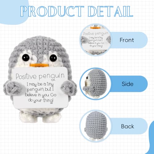 ZIBUYU® Handmade Crochet Penguin Desk Decor with Positive Message Card Cute Motivational Toys Gift for Office Home Baby Nursery Grey 3PCS