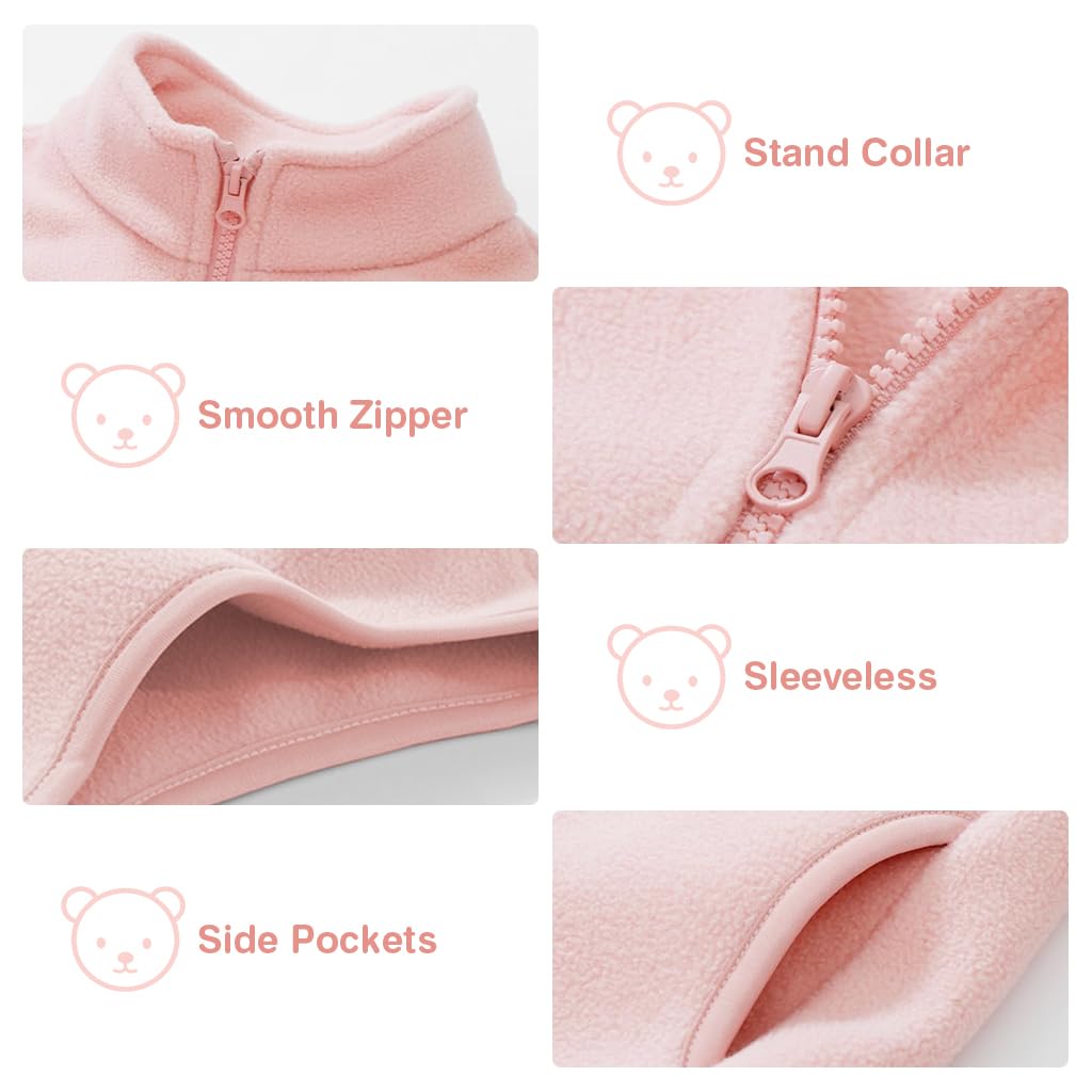 SANNIDHI Kids Sleeveless Jacket for Fall and Winter with Full Zip and Pockets | 130 cm Pink Fleece Vest