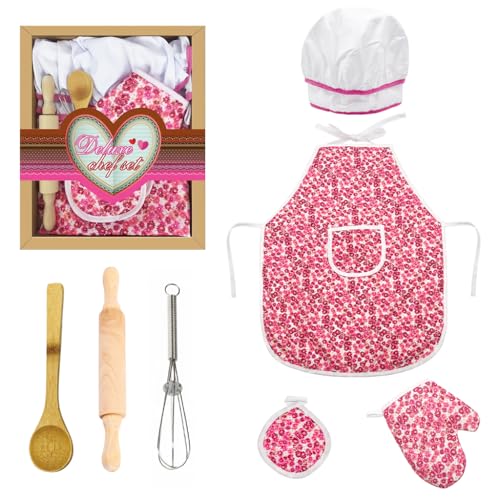 HASTHIP® 7Pcs Baking Set for Kids with Chef Cap for Kids & Waterproof Kitchen Art Apron for Kid & Oven Gloves & Heat Insulation Pad & Dough Rolling Pins & Egg Whisk & Wooden Spoon Children Baking Set