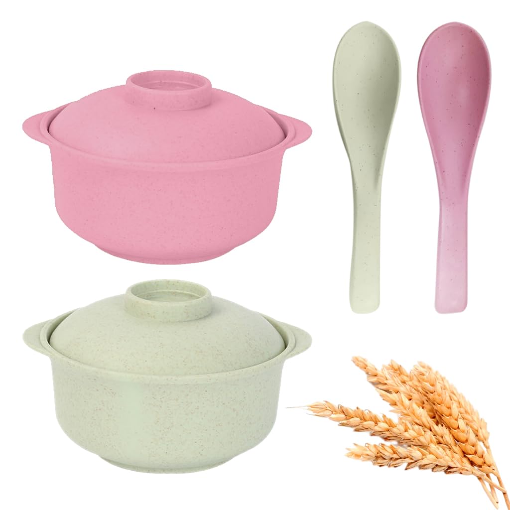 Supvox Cereal Bowls for Rice and Soup with Lid & Spoon 2 Pcs Wheat Straw Fiber Pink & Green
