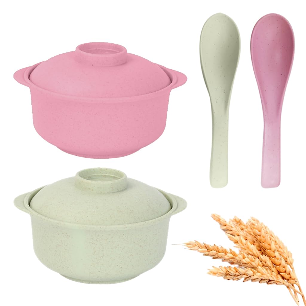 Supvox® 2 Pcs Wheat Straw Fiber Unbreakable Cereal Bowls with Lid & Spoon, E-Co Friendly Lightweight Bowl (Tableware), Dishwasher & Microwave Safe - for, Rice, Soup Bowls-Pink & Green