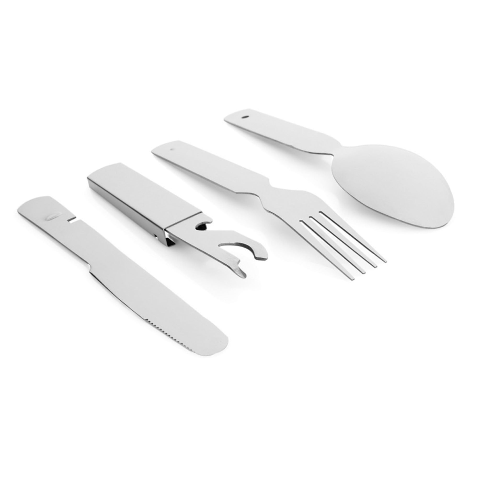 Proberos® 4 in 1 Camping Military Flatware Set - Stainless Steel Travel Cutlery Tools - Portable Folding Spoon Fork Bottle Can Opener - Silver