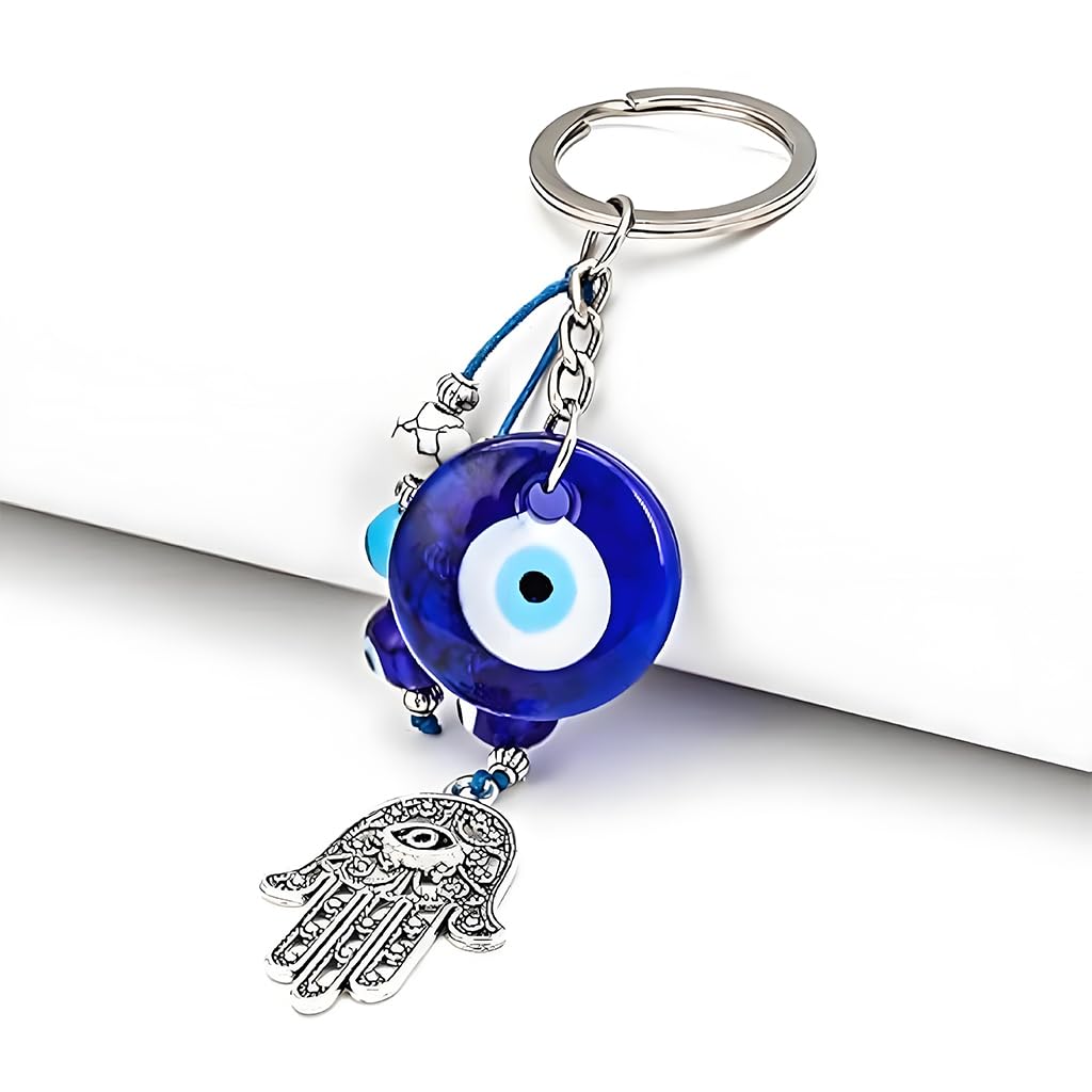 SANNIDHI Bag Charms for Handbags with Blue Evil Eye Beads and Silver Palm Pendant Keyring